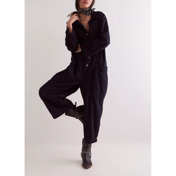 Free People We The Free Margarita Jumpsuit Black Rigid Denim Wide Leg S 283351 - Picture 1 of 10
